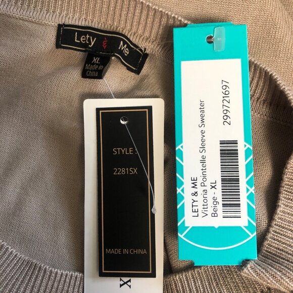 Lety and Me Beige Vittoria Pointelle Sleeve Sweater Womens Size XL Knit Top NEW - Picture 5 of 8